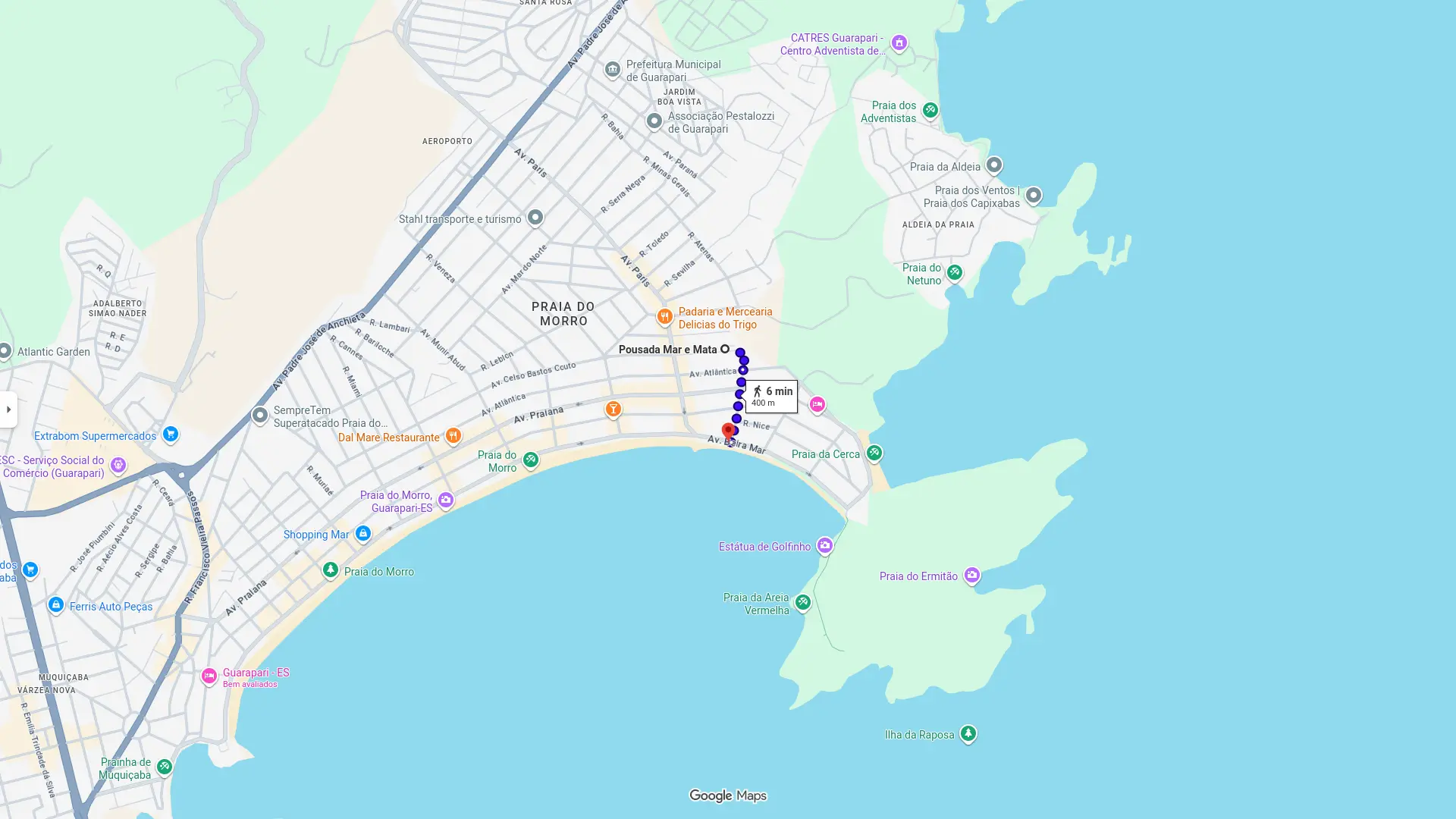 Mapa com a distância da Pousada Mar e Mata até a Praia do Morro